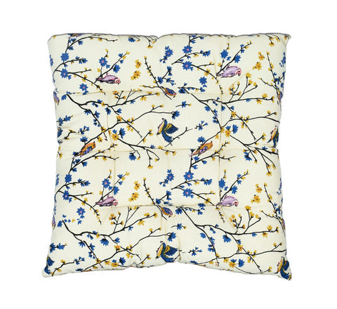 Dekor World Cotton Mini Bird Printed Chair Pad, Polyester Filling (40x40cm or 16x16 Inches) for Dinning Room and Bedroom