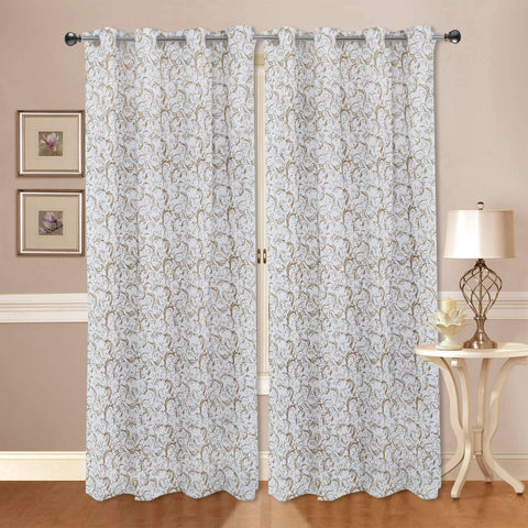 Dekor World Cotton Golden Printed Eyelet Curtain Set (Pack of 2 Pieces) for Bedroom and Living Room
