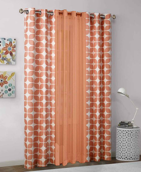 Dekor World Cotton Leaf Printed With Voil Sheer Eyelet Curtain Set (Pack of 3 Pieces) for Bedroom and Living Room