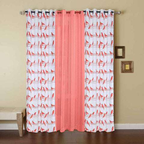 Dekor World Cotton Big Bird Printed With Voil Sheer Eyelet Curtain Set (Pack of 3 Pieces) for Bedroom and Living Room