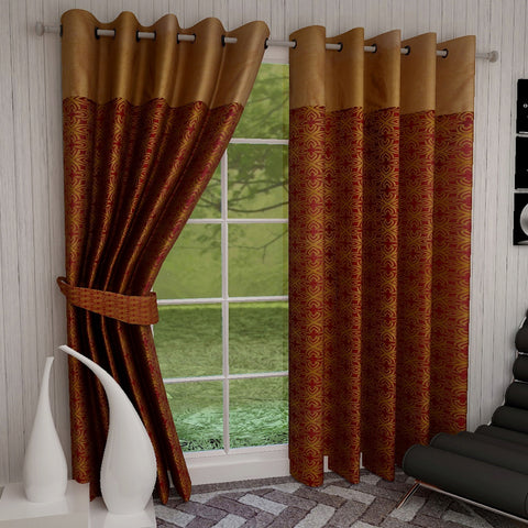 Dekor World Polyester Flok Floral Printed Eyelet Curtain Set (Pack of 2 Piece) For Bedroom and Living Room