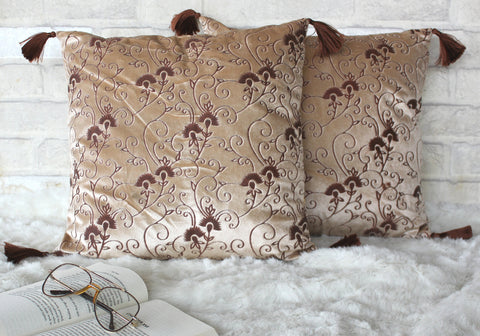 DEKOR WORLD 2 Piece Velvet Polyester Floral Embossed Collection Cushion Cover for Living room and Bedroom