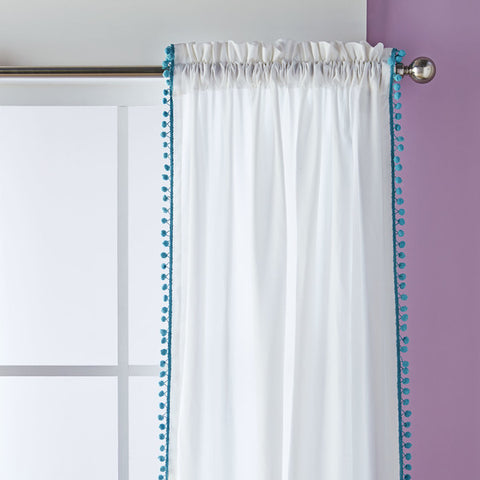 Dekor World Cotton Sheer Pompom Rod Pocket Curtain Set (Pack of 2 Pieces) for Bedroom and Living Room