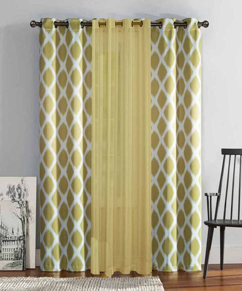 Dekor World Cotton Printed With Voil Sheer Eyelet Curtain Set (Pack of 3 Pieces) for Bedroom and Living Room