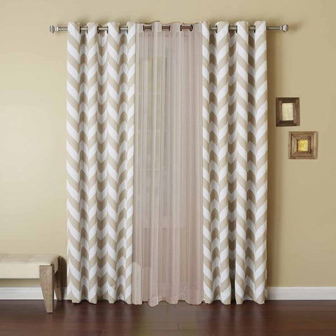 Dekor World Cotton Chevron Printed With Voil Sheer Eyelet Curtain Set (Pack of 3 Pieces) for Bedroom and Living Room