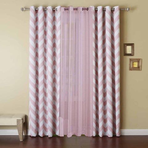 Dekor World Cotton Chevron Printed With Voil Sheer Eyelet Curtain Set (Pack of 3 Pieces) for Bedroom and Living Room