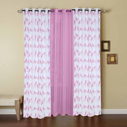 Dekor World Cotton Big Bird Printed With Voil Sheer Eyelet Curtain Set (Pack of 3 Pieces) for Bedroom and Living Room