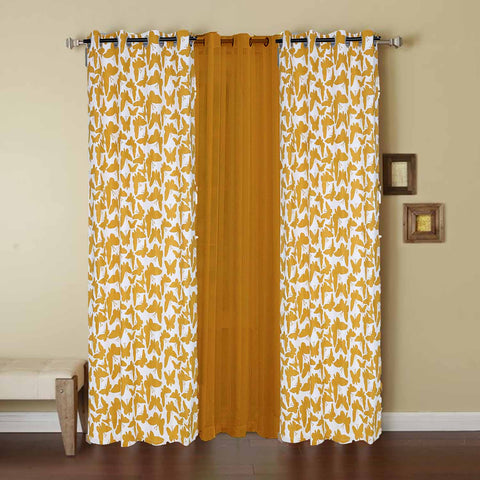 Dekor World Cotton Butterfly Printed With Voil Sheer Eyelet Curtain Set (Pack of 3 Pieces) for Bedroom and Living Room