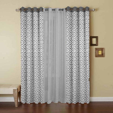 Dekor World Cotton Chip Printed With Voil Sheer Eyelet Curtain Set (Pack of 3 Pieces) for Bedroom and Living Room