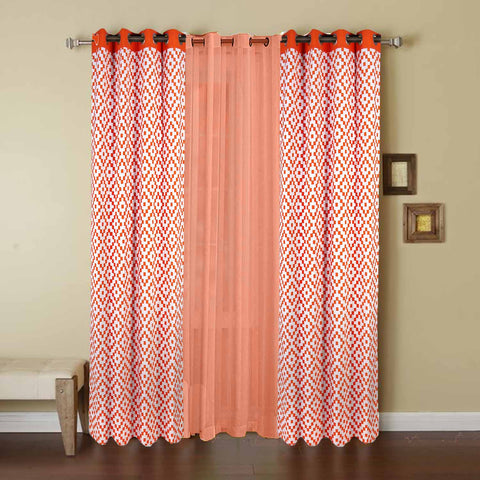 Dekor World Cotton Chip Printed With Voil Sheer Eyelet Curtain Set (Pack of 3 Pieces) for Bedroom and Living Room
