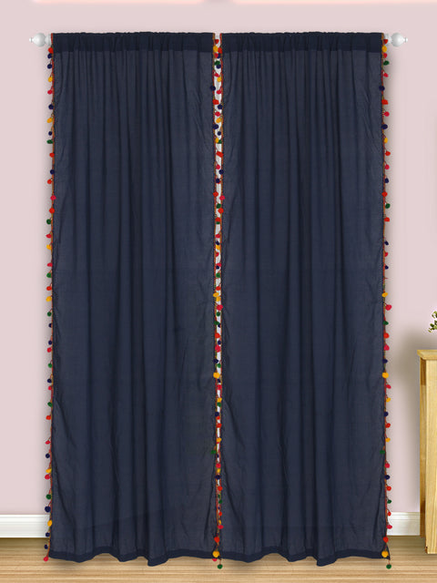 Dekor World Cotton Sheer Multicolor Pompom Rod Pocket Curtain Set (Pack of 2 Piece) For Bedroom and Living Room
