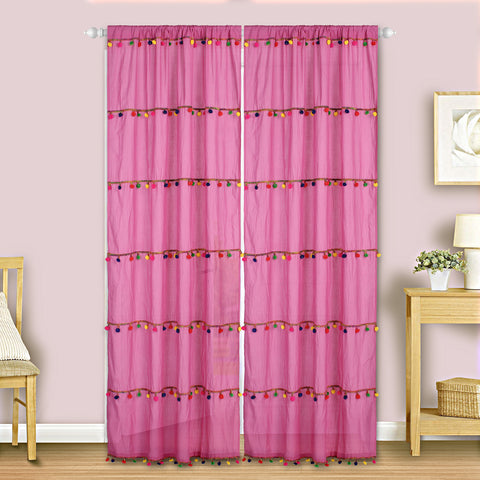 Dekor World Cotton Sheer Multicolor Pompom Rod Pocket Curtain Set (Pack of 2 Piece) For Bedroom and Living Room