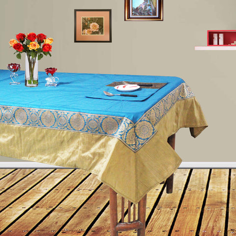 Dekor World Polyester Ethnic Zari Lace Table Cover With Place Mat for Dining Table and Center Table